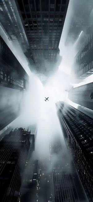 Airplane flies over misty skyscrapers in dramatic cityscape, capturing urban life and architecture ambiance | 4K Wallpaper for Mobile