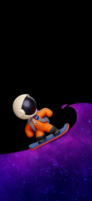 Astronaut surfing a cosmic wave against a starry space backdrop in a whimsical style. | 4K Wallpaper for Mobile | Black, Purple, Orange