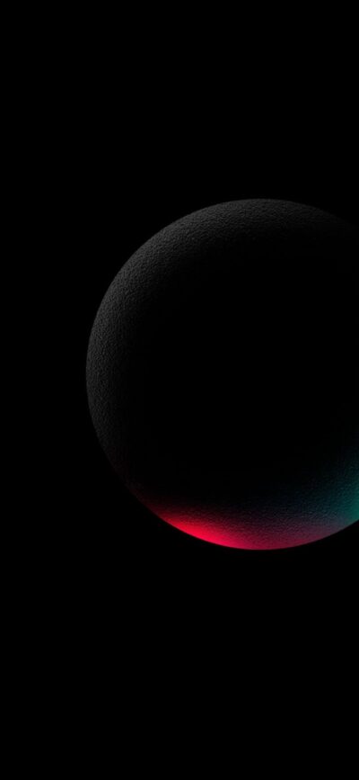 Textured sphere with red and teal lighting on a black background, abstract minimalist design | 4K Wallpaper for Mobile