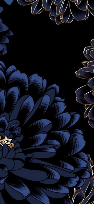 Elegant blue flowers with intricate details on a black background, offering a modern and sophisticated look | 4K Wallpaper for Mobile