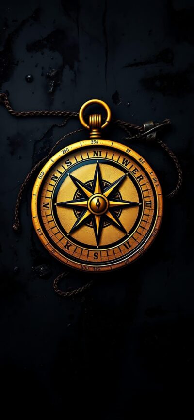 Rustic gold and black antique compass with roman numerals against dark backdrop | 4K Wallpaper for Mobile