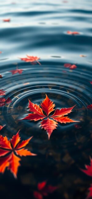 'Serene autumn scene with floating orange and red maple leaves on tranquil water, creating ripples. | 4K Wallpaper for Mobile'