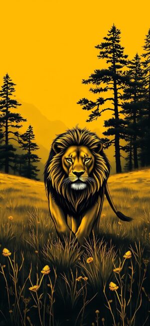 Majestic lion in serene yellow landscape with tall grass and trees, evoking wilderness. | 4K Wallpaper for Mobile