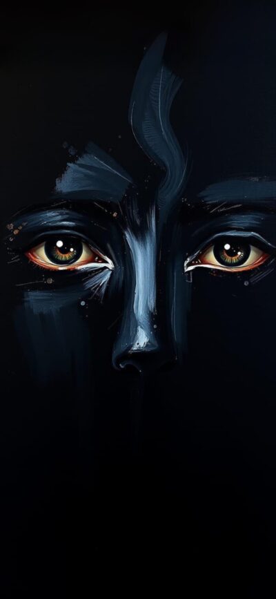 Dark mysterious face with expressive eyes in artistic style, intense and captivating against black background | 4K Wallpaper for Mobile