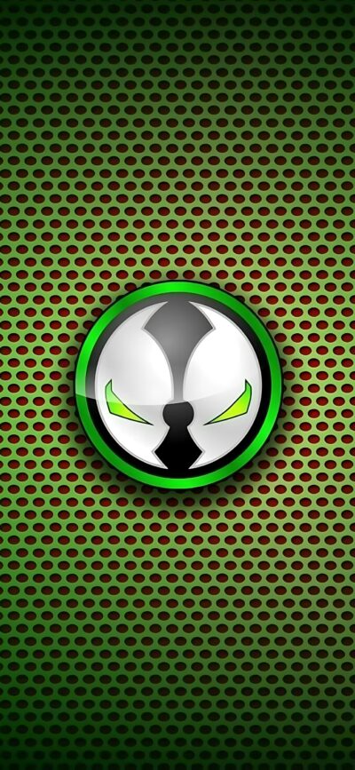 Distinctive emblem on green/red backdrop reminiscent of Spawn; sharp green accents, perforated pattern | 4K Wallpaper for Mobile