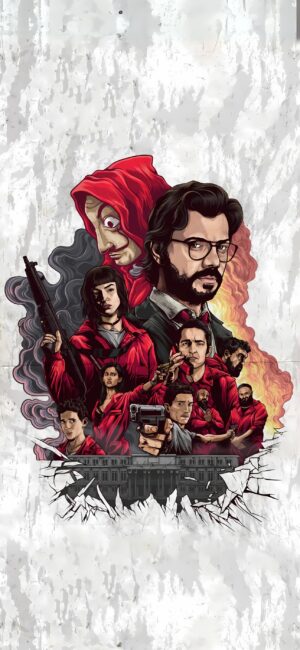 La Casa de Papel characters with red jumpsuits and Dalí masks in an intense scene | Primary colors: White, Red, Black | 4K Wallpaper for Mobile