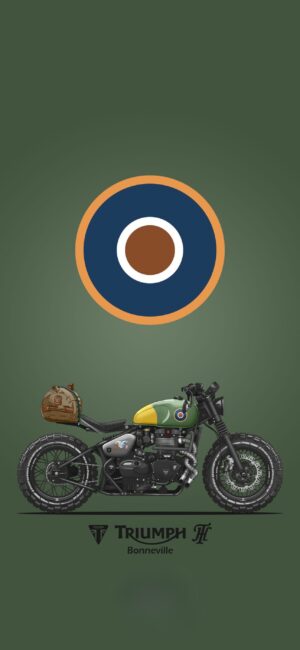 Triumph Bonneville motorcycle with military-inspired design on green. Features vintage elements like a brown leather saddle. | 4K Wallpaper for Mobile