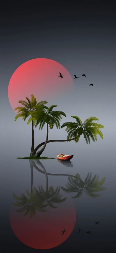 Serene tropical scene with palm trees, boat, and red sun setting; minimalist design with birds | 4K Wallpaper for Mobile