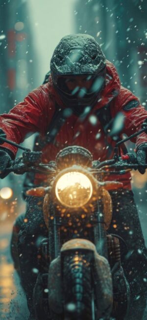 Biker in red jacket riding through snowy urban street, capturing wintry ambiance and adventure. | 4K Wallpaper for Mobile