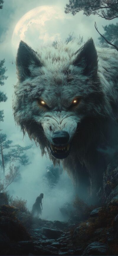 Giant mythical wolf with glowing eyes in a misty forest under a full moon, evoking fantasy and folklore | 4K Wallpaper for Mobile