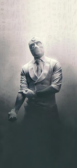 Mysterious masked character in a suit with hieroglyphics, monochrome colors. | 4K Wallpaper, for Mobile | Gray and white scheme.