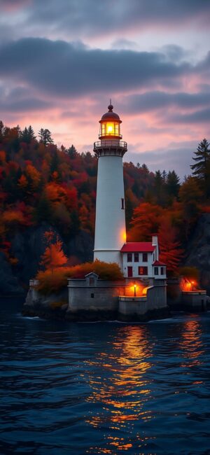 Serene lighthouse with autumnal foliage, calm sea, and dusk sky | 4K Wallpaper for Mobile