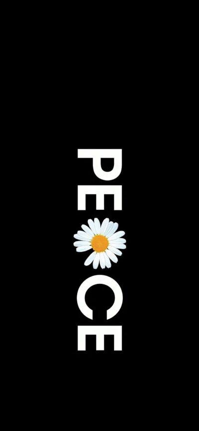 Vertical "PEACE" with daisy "A" on black | 4K Wallpaper for Mobile | Black, white, yellow | Explore floral, minimalism, abstract designs