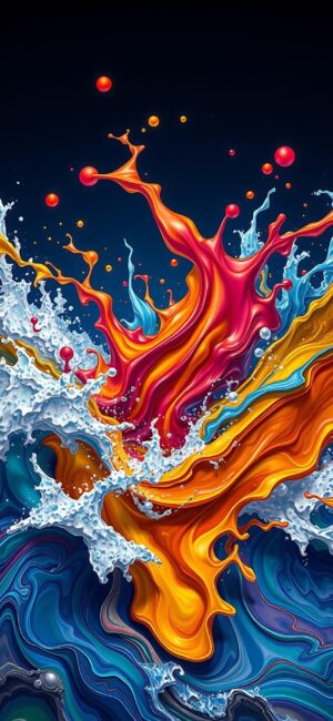 Abstract colorful composition with vibrant orange, red, blue, and white splashes, suggesting movement and creativity | 4K Wallpaper for Mobile