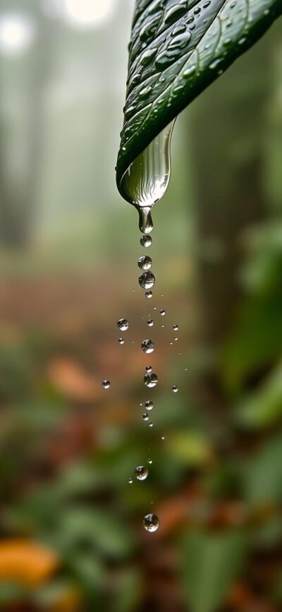 Close-up of a green leaf with water droplets in a misty forest. Soft focus highlights tranquility | 4K Wallpaper | for Mobile