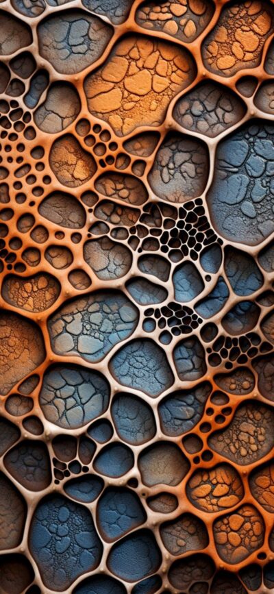 Abstract design with interconnected cells in earthy orange and cool blue tones | 4K Wallpaper for Mobile | Abstract Geometric Pattern