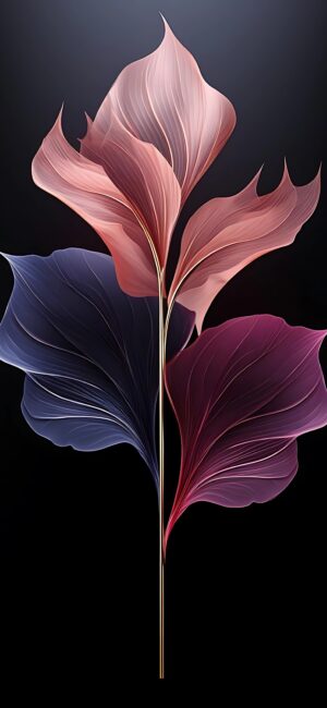 Abstract flowing leaves in blue, purple, pink gradient on dark background | 8K Wallpaper for Mobile