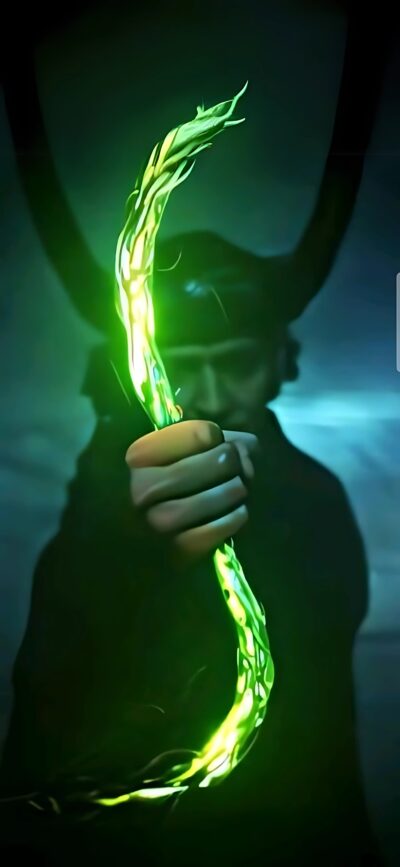 Mysterious character with glowing green energy weapon on a dark background, exuding power and mysticism | 8K Wallpaper for Mobile.