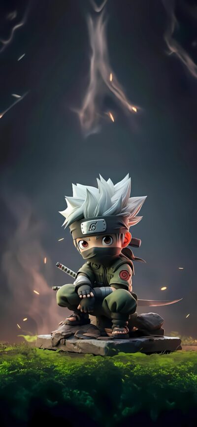 Chibi Naruto character with white hair in meditation, mystical glow, green and grey tones | 4K Wallpaper for Mobile