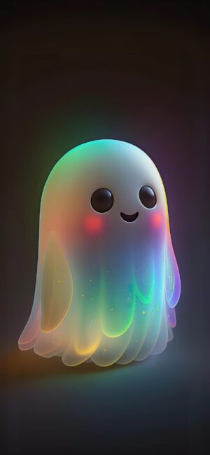 Cute, glowing ghost emitting multicolored light on a dark background for a playful look | 4K Wallpaper for Mobile