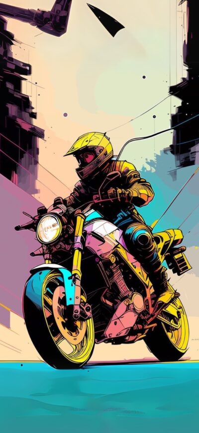 Artistic motorcyclist illustration with vibrant colors in urban setting | 4K Wallpaper, for Mobile | Yellow, Pink, Blue, Black