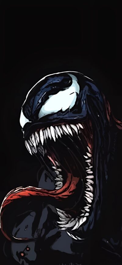 Venom 4K Wallpaper | Black, white, red symbiote design with large eyes and sharp teeth for Mobile | Marvel Comics superhero theme.