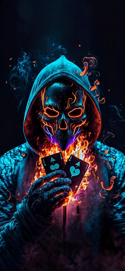 Hooded figure with fiery skull & cards, exuding fantasy and darkness. Orange, black & blue hues. | 4K Wallpaper for Mobile