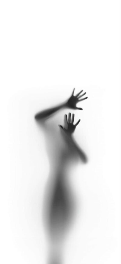 Silhouette of a person with hands on frosted glass, mysterious and abstract | Black, white tones | 4K Wallpaper for Mobile