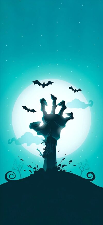 Zombie hand reaching out under a full moon with flying bats; a spooky night scene. | 4K Wallpaper for Mobile