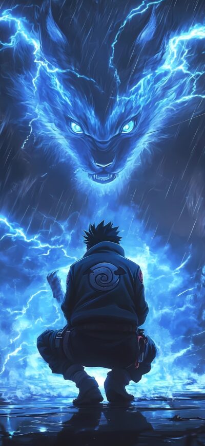 Anime scene from "Naruto" with character and lightning-infused wolf in storm. Blue, black tones for mobile | 4K Wallpaper.