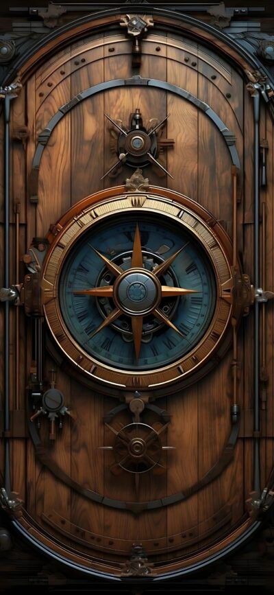 Steampunk design with central compass, gears, and wood textures in brown, gold, and blue tones for mobile | 4K Wallpaper.