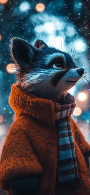 Raccoon in orange sweater & scarf, snowy bokeh backdrop, whimsical winter vibe. | 4K Wallpaper, for Mobile