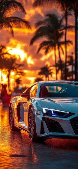 Sleek sports car at sunset with silhouetted palm trees, golden hues, coastal drive vibe. | 4K Wallpaper for Mobile