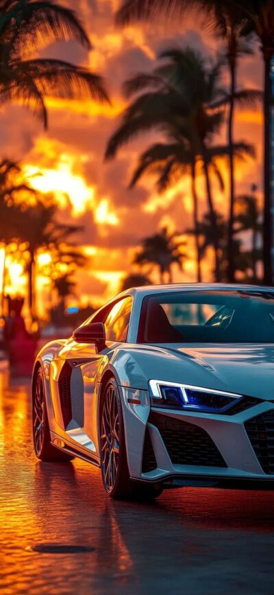 Sleek sports car at sunset with silhouetted palm trees, golden hues, coastal drive vibe. | 4K Wallpaper for Mobile