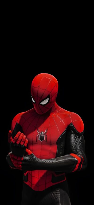 Spider-Man in red and black suit with black background, classic pose | 4K Wallpaper for Mobile | Black, Red, Spiderman, Superhero