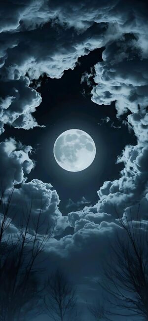 Serene night sky with a full moon, dramatic clouds, and bare tree silhouettes | Black, blue, white | For Mobile | 4K Wallpaper