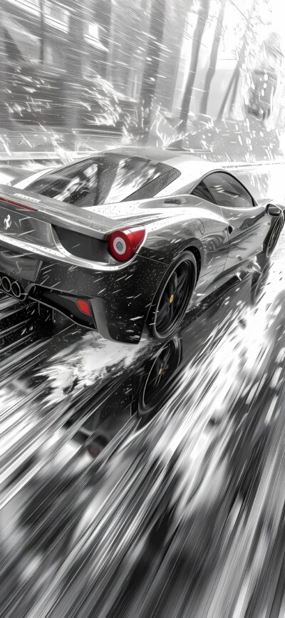 Ferrari in motion with blurred monochrome backdrop, showcasing speed and luxury. Perfect for mobile | 4K Wallpaper