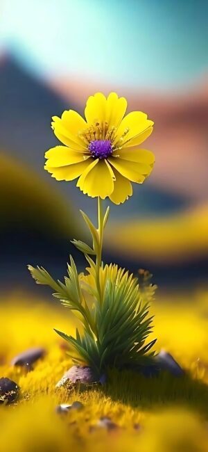 Vibrant yellow flower with purple center on serene background, highlighting nature's elegance | 4K Wallpaper for Mobile