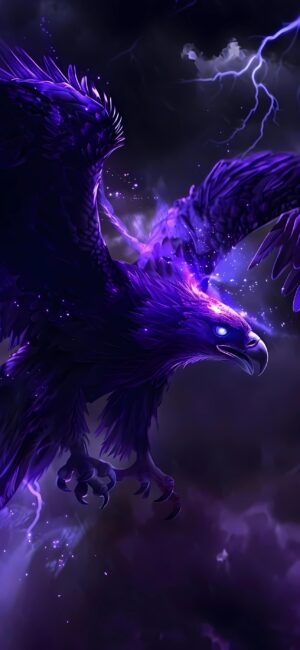 Majestic purple fantasy eagle in clouds and lightning | 4K Wallpaper for Mobile | Purple & black tones enhance its mythical allure.