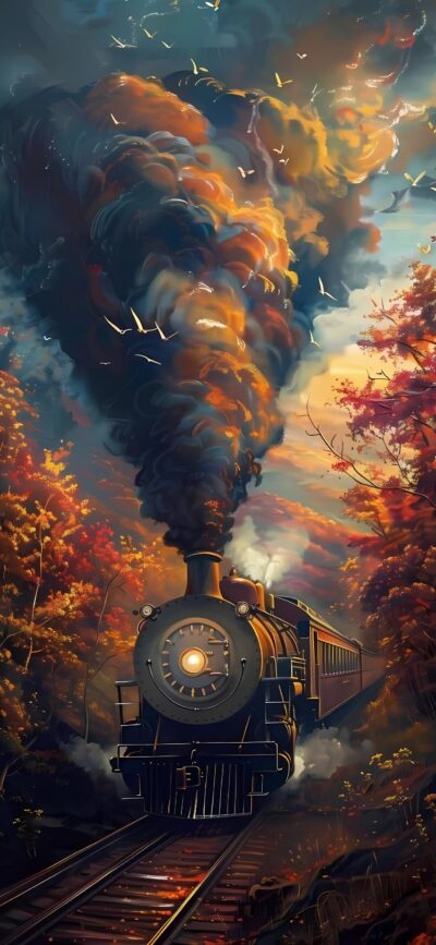 Vintage steam train in vibrant autumn forest, colorful foliage, swirling smoke | Travel | Birds | Adventure | 4K Wallpaper for Mobile