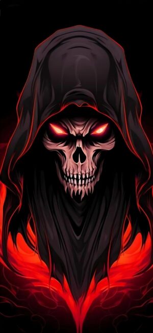 Hooded skull with glowing red eyes, deep shadows, and vivid highlights on black background | 4K Wallpaper, for Mobile