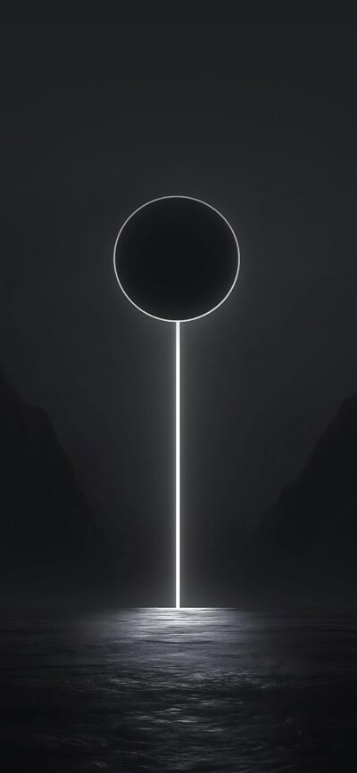 Abstract dark background with glowing circle above a vertical line, creating a mysterious futuristic atmosphere | 4K Wallpaper for Mobile