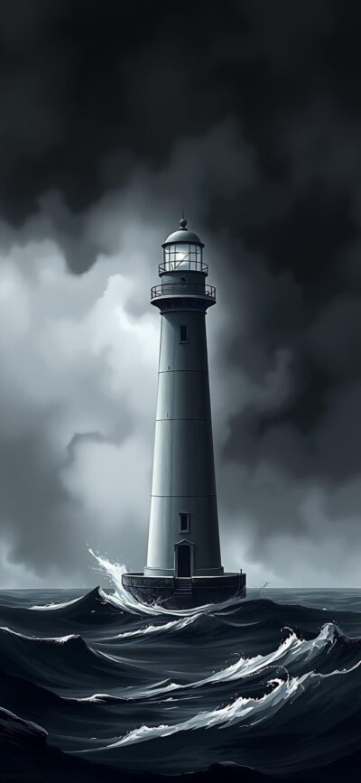 Solitary lighthouse amidst turbulent sea waves with stormy clouds, highlighting hope and guidance. | 4K Wallpaper for Mobile