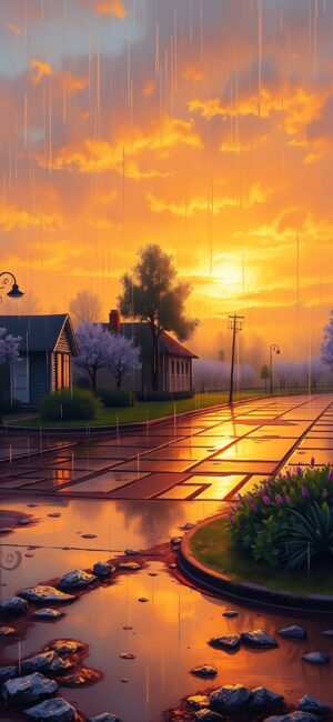 Serene neighborhood in rain at sunset with orange & purple hues reflecting on wet streets | 4K Wallpaper for Mobile