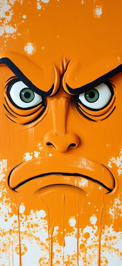 Angry cartoon face with exaggerated eyes and mouth on an orange backdrop with paint drips | 4K Wallpaper for Mobile