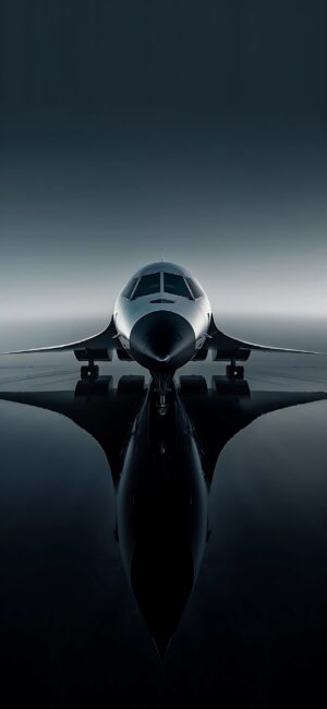 Sleek aircraft in frontal view, emphasizing aerodynamic design on a black to gray gradient background | 4K Wallpaper for Mobile