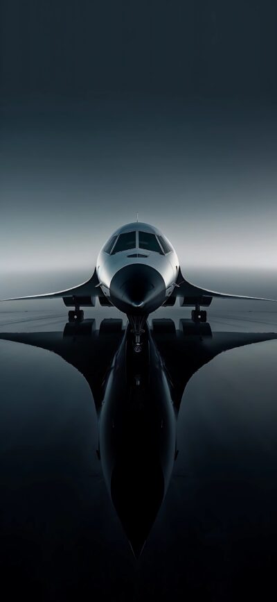 Sleek aircraft in frontal view, emphasizing aerodynamic design on a black to gray gradient background | 4K Wallpaper for Mobile