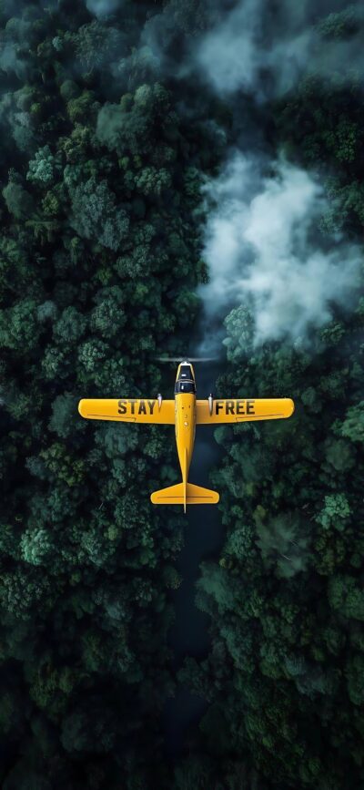 Yellow airplane with "STAY FREE" over a forest, contrasting vivid yellow and lush green | 4K Wallpaper for Mobile.