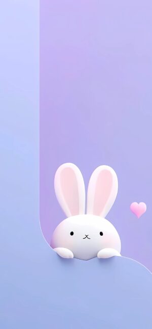 Cute cartoon bunny with a pink heart on a pastel purple and blue gradient background | 4K Wallpaper for Mobile