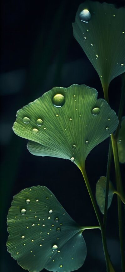 Close-up Ginkgo leaves with water droplets on a dark background, highlighting their green texture. | 4K Wallpaper for Mobile